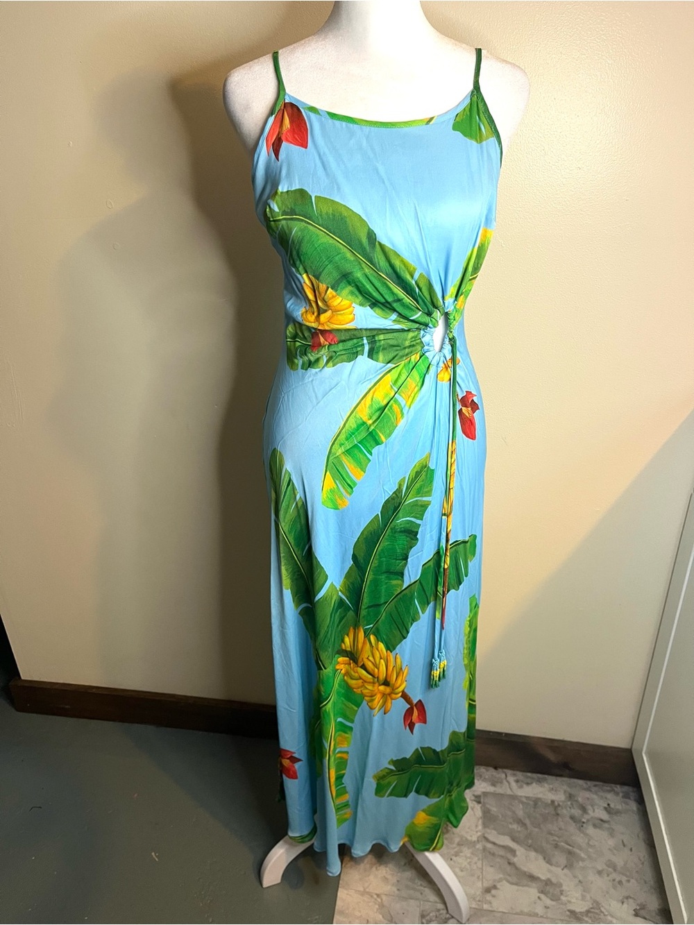 Farm Rio Blue Tropical Bananas Midi Dress with Cut Out, Tassel